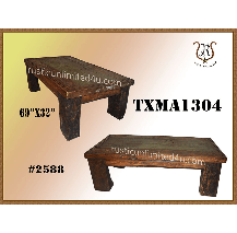Two rustic, brown wooden coffee tables. One is angled, the other is horizontal. Text: TXMA1304 and 69x 32.