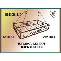 Rectangular, wrought-iron pot rack holder with star designs. It is brown, hanging, and labeled RI8843 and #2331.