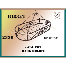 Black wrought iron oval pot rack holder with stars, hanging from chains. Includes dimensions and product numbers.