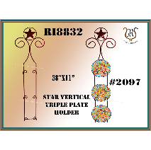 Metal star-topped plate holder, displaying three decorative plates.  The holder is brown, with a star at the top, and is labeled #2097.