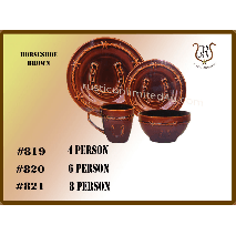 Brown rustic dinnerware set with horseshoe design: plates, bowl, cup. Shows 4, 6, and 8 person options.