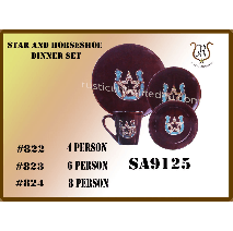 Dinnerware set with star and horseshoe design on burgundy dishes; text indicates 4, 6, and 8 person sets.