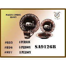 Brown and white western-themed dinnerware set for 4, 6, or 8 persons displayed with plates, bowls, and a mug.