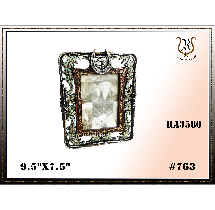 Silver photo frame with a black and white photo, set on a white surface with text and design elements.