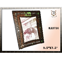 Brown and black beaded picture frame with a blurred photo inside.  Text includes 