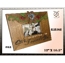 Wooden picture frame with One Friends text, floral accents, and a framed photograph. Features a red, green, and blue color scheme.