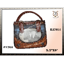 Photo frame shaped like a handbag with a brown leather handle and denim accents, holding a black and white photo of a person.