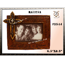 Photo frame with a family picture, featuring a cross on the left and the text Moments like these will last a lifetime.