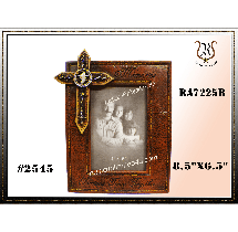 Brown picture frame with a cross decoration. It holds a grayscale photo of a family and has the dimensions 6.5 x 8.5.