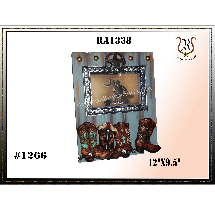 Western-themed wall decor featuring a framed cowboy image on a weathered blue background with cowboy boots in front.