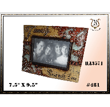 Decorative photo frame with family portrait. It has a colorful mosaic-style border with red, gold, and aqua tones.