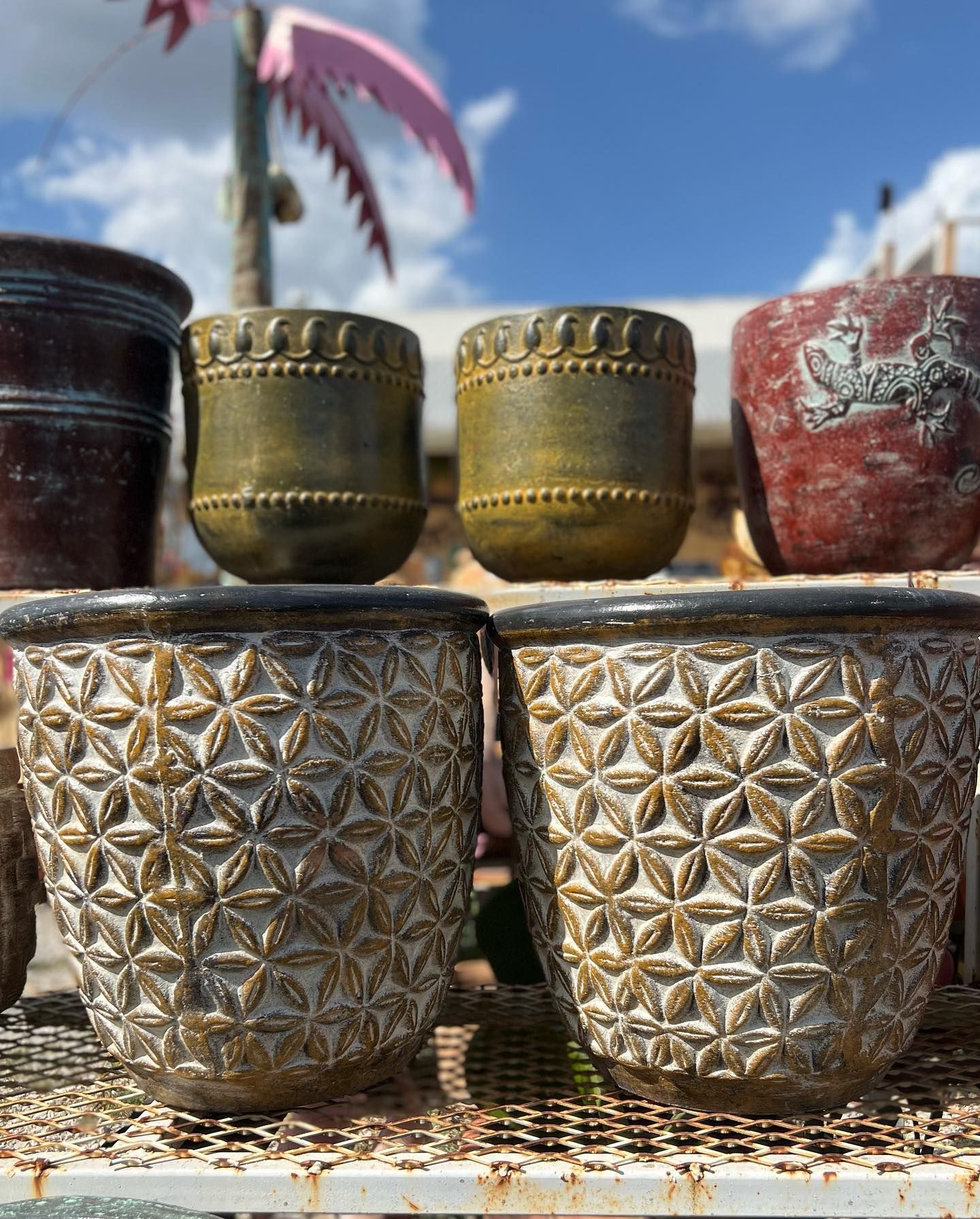 Assortment of ceramic pots on display. Various colors and textures, including two with a star-shaped design.