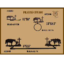 Metal art pieces of praying cowboys, crosses, and horses. Dimensions and product codes are included.