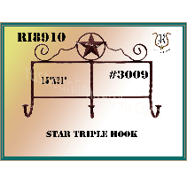 Star triple hook. Dark brown metal hook with a star design and decorative scrolls. Text reads: RIB910, #3009, 15x21, STAR TRIPLE HOOK.