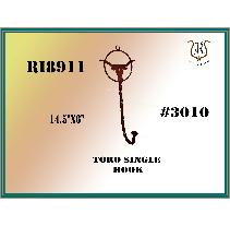 A metal wall hook shaped like a longhorn, with dimensions and product codes listed on the background.