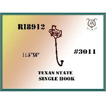 Texas state single hook, brown metal design, with dimensions and product numbers printed on a light-brown background with a green border.