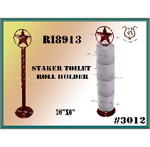 A brown metal toilet paper roll holder with a western star design, holding several rolls.
