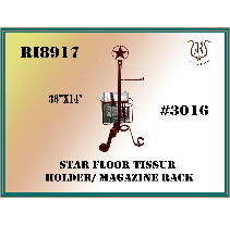 Star-shaped floor tissue holder/magazine rack made of dark metal; measures 38 x 14.
