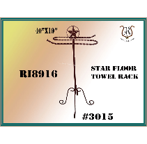 Brown metal star-shaped floor towel rack with three curved feet and a star on top. The rack is labeled with text and numbers.
