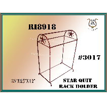 Brown metal star quilt rack holder on a rectangular base, with the number 3017 and the dimensions 38x23x12 inches.