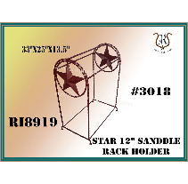 A brown metal star-shaped saddle rack with two stars, labeled Star 12 Saddle Rack Holder.