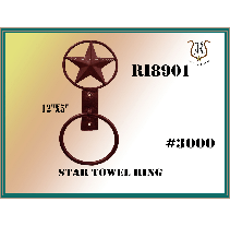 Rustic metal towel ring with a star design, brown color, and a circular ring for the towel.