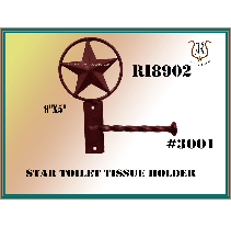 A rustic, star-shaped toilet tissue holder made of dark metal on a cream background.