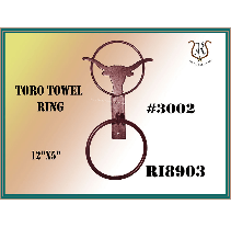 A metal towel ring with a bull head design. It's labeled 
