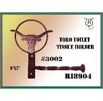 Iron toilet paper holder in the shape of a bull's head with the text Toro Toilet Tissue Holder and product numbers.