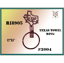 Texas-shaped cast iron towel ring. The brown ring hangs below a Texas outline, with Texas spelled out.