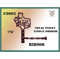 Cast iron Texas-shaped toilet paper holder. Features the state outline with Texas cut out; black with brown highlights.