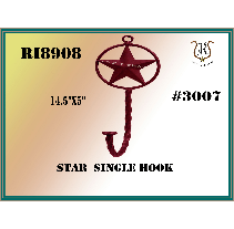 Red metal star-shaped single hook with a circular outline. Text includes product number, dimensions, and title Star Single Hook.