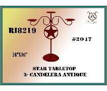 A brown metal star candelabra with three arms for candles on a tabletop. Text includes product ID, dimensions, and description.
