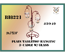 A tabletop candle holder with three glass candle cups hangs from a decorative metal stand.  The label says RI8221 and Plain Tabletop Hanging 3-Candle W/ Glass.