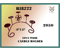 Five-tier dark metal candle holder; features star, circular holders, curved design; text: RB222, 16X 13, 2050, Five tier candle holder.