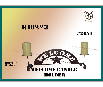 Wrought iron welcome candle holder with two cream-colored candles. Text reads Welcome Candle Holder and RI8223.