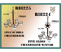 Two chandeliers; one scroll design and one with a star. Both have five candle holders, dark brown color, with clear glass cups.