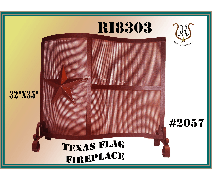A Texas flag-themed fireplace screen made of brown metal with a star. It has a curved design.