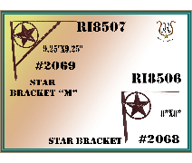 Two star-shaped bracket designs labeled RI8507 and RI8506, with dimensions, part numbers, and text STAR BRACKET.