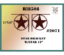 Two metal star brackets with a star inside a circle. The text reads RI8508, 14X14, STAR BRACKET W/STAR 12, and #2071.