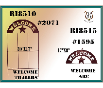 Two metal welcome signs: one with panels, one arched. Both are brown with a central star.