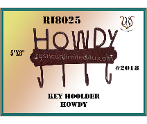A rustic metal Howdy key holder with four hooks, featuring the website rusticunlimited4u.com.