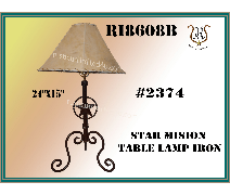 Star mission table lamp made of iron, tan lampshade, and a star detail.