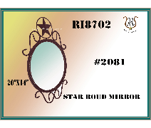 Wrought iron star-topped round mirror, with dimensions 20x14, against a light background. Product ID: RB702, #2081.