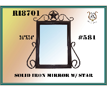 Rectangular black iron mirror with a star and scrollwork, labeled Solid Iron Mirror W/ Star.