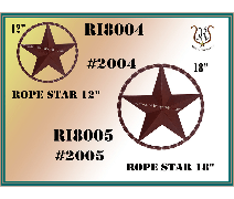 Two rusty-red metal star decorations with rope-style circles. One is 12 and one is 18. Both are labeled with numbers and ROPE STAR.