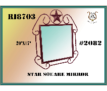 Square mirror with a star on top, surrounded by ornate, dark framing; light blue mirror with gold and green background.