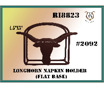 Brown metal longhorn napkin holder with a flat base; on a green card with text.