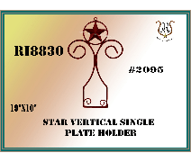 Dark red star-shaped plate holder with curling flourishes; it is set against an orange background. Black text on the image.