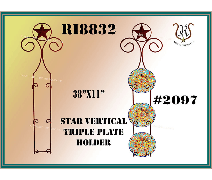 Vertical metal plate holder with three decorative plates, topped with a star. Brown and gold on a teal background.